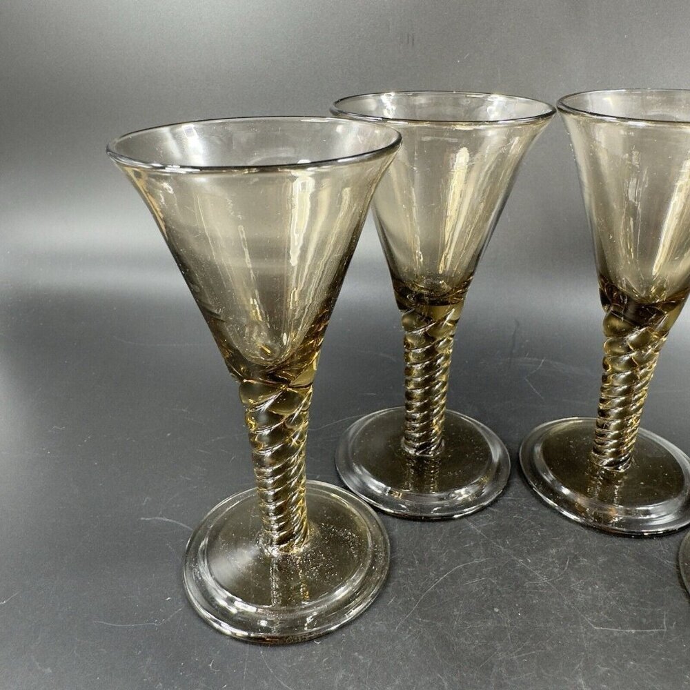SIMON GATE Smokey Amber Goblet Glasses Spiral Stems Sandvik Orrefors 1920s Set 4 - Picture 16 of 16
